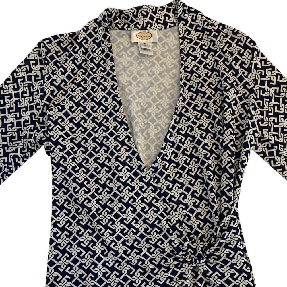 Talbots Faux Wrap 3/4 Sleeve Navy Chain Shirt Print Small Stretch Minimalist - Picture 8 of 12